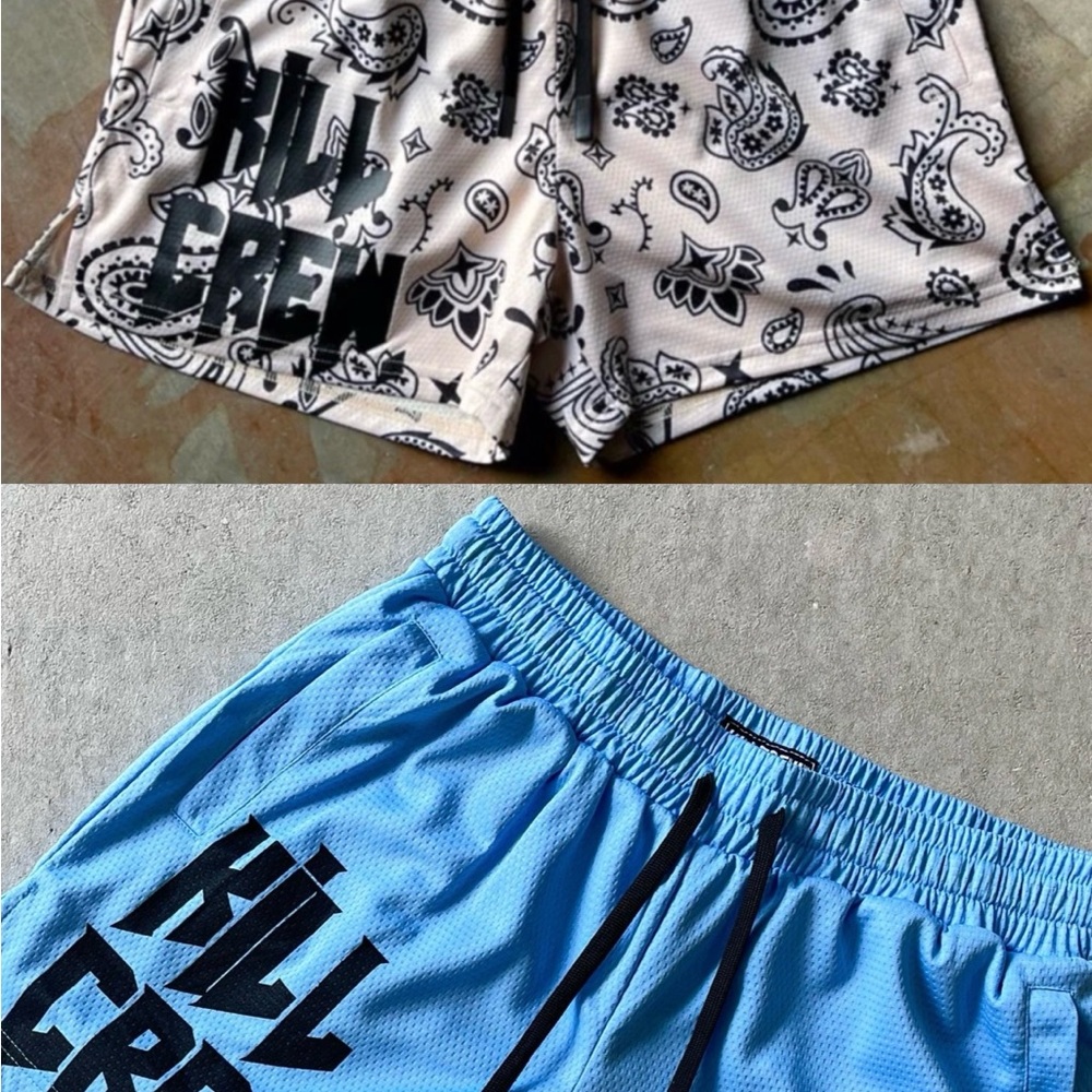 Kill Crew XS MUAY THAI SHORTS (MID THIGH CUT) BANDANA - CREAM / BLACK and BLUE